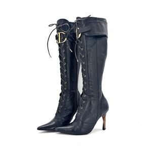 Vintage Christian Dior Fall 2000 CD Croc Emboss Pointed Toe Knee High Boots 37.5